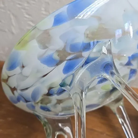 MAKORA KROSNO OCTOPUS JELLYFISH COBALT GLASS COMPOTE PEDESTAL BOWL, VINTAGE